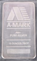 .999 FINE SILVER 10.0 OZT A-MARK MINT BAR