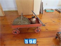 OLD WOOD WAGON WITH BASKET & COPPER CAN IN IT