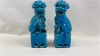 Pair Mid-Century Turquoise Blue Ceramic Foo Dog