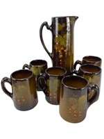Owens Art Pottery Pitcher and 6 Mugs