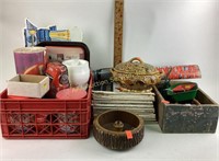 Coca-cola wall mounted bottle opener, tins, tray.