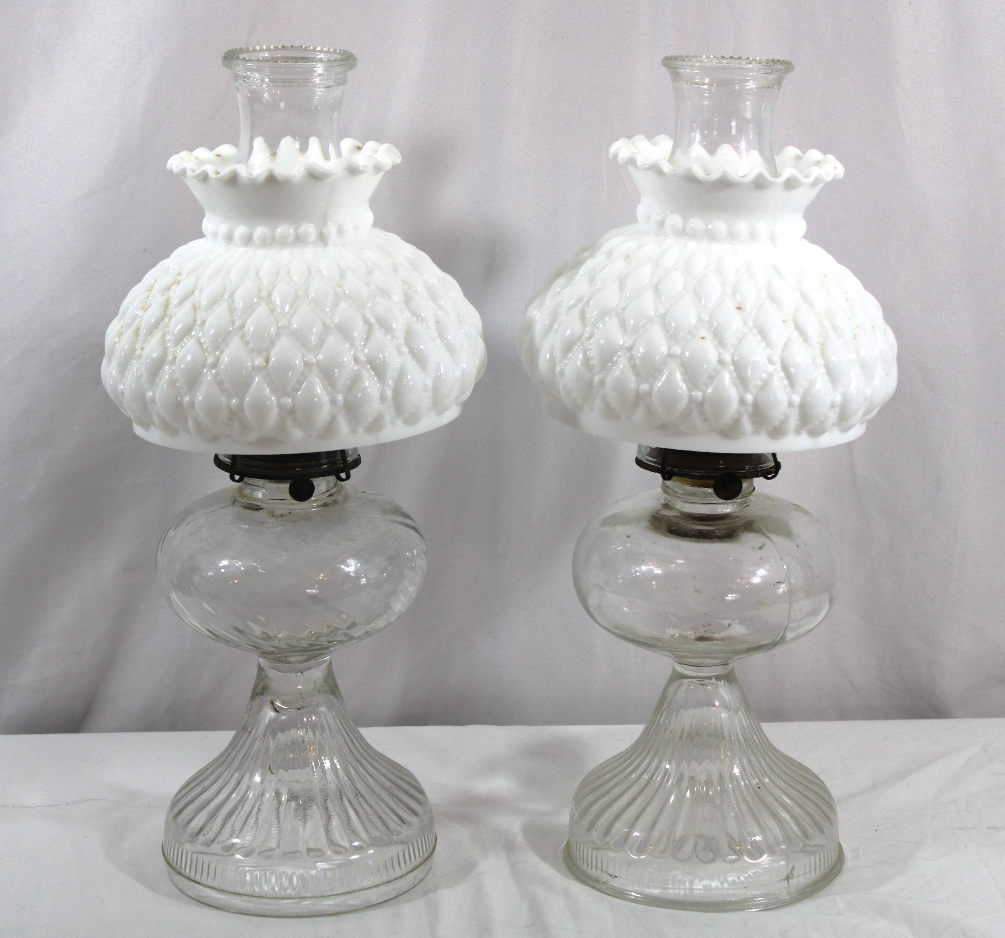 Pr. Diamond Quilted White Opal Shades Oil Lamps