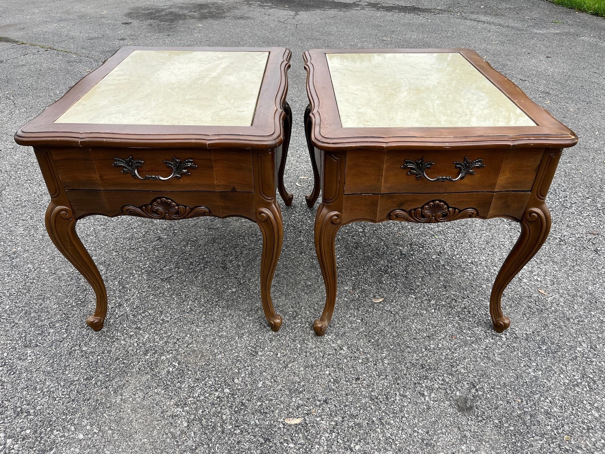2 Vintage End Tables w/ Stone Tops