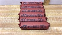 OF) SIX ROLLS OF ASSORTED PENNIES-