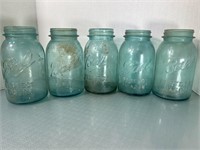 5 Vintage Quart Ball Blue Mason Jars.