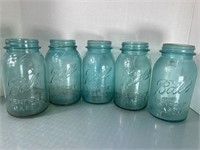 5 Vintage Quart Ball Blue Mason Jars.