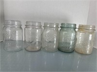 5 Vintage Pint Mason Jars. 1 Smoke colored