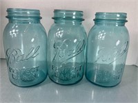 3 Vintage Quart Ball Blue Mason Jars.