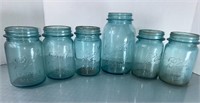 6 Vintage Blue Ball Mason jars. 1 Quart