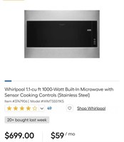 Whirlpool 1.1 Cu Ft SS Built In Microwave
