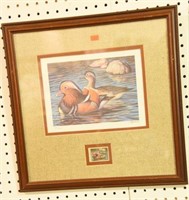 Framed Stamp Print of Mandarin Ducks hen and