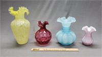 4 Pc Glass Grouping: Vases & Cranberry Pitcher