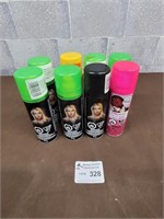 8 Yellow, green, pink & black hair colour spray