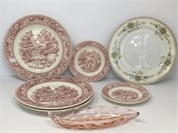 Pink Depression Glass Dish and Assorted Plates