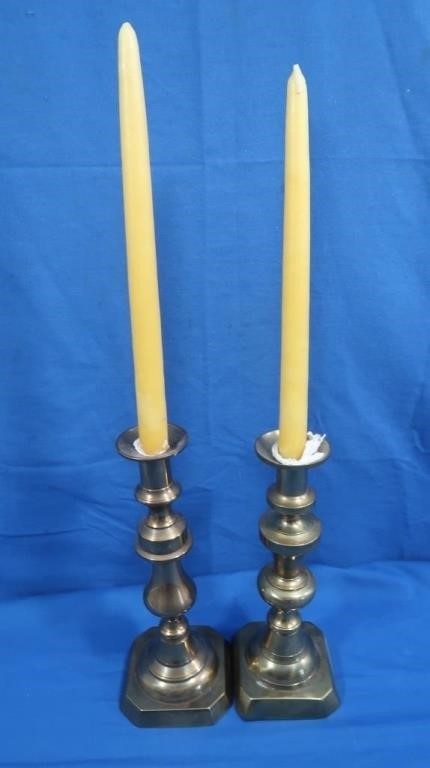 2 Brass Candlestick Holders w/Candles