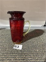 RUBY & AMBER CRACKLE GLASS PITCHER/VASE 5.25" H