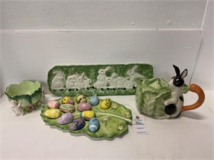 Rabbits, Eggs & Cabbage Platters & Tea Pot