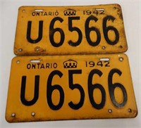 1942 ONTARIO PAIR  EMBOSSED TIN LICENSE PLATES