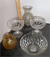 Vtg Press Glass Amber Shade, Sherbert, Vases, Bowl