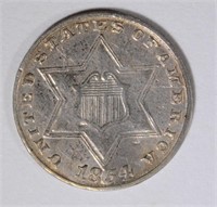 1854 TYPE-2 3-CENT SILVER, AU/UNC