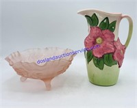 Holland Mold Floral Pitcher & Pink Frosted Glass