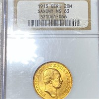 1913 Germany Gold 20 Mark NGC - MS63