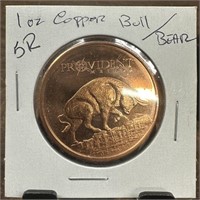 1OZ COPPER BULLION ROUND BULL BEAR STOCK MARKET