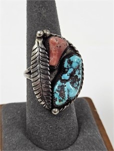 Navajo Sterling Turquoise Coral Feather Ring