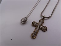 (2) Sterling Necklaces w/ Cross/Bling Pendants 9g