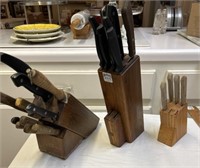 3 wood knife blocks with knives