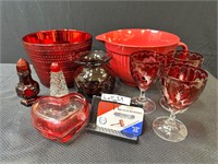 Red Glass Cups, Bowls, Vase, S&P,