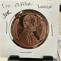 1OZ COPPER BULLION ROUND LINCOLN