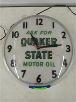 Quaker State illuminated clock, works 16"