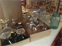 TWO BOXES OF VINTAGE STEMWARE & CANNING JARS