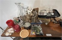 LOT OF CANDLES, COASTERS, DECANTERS, ETC.