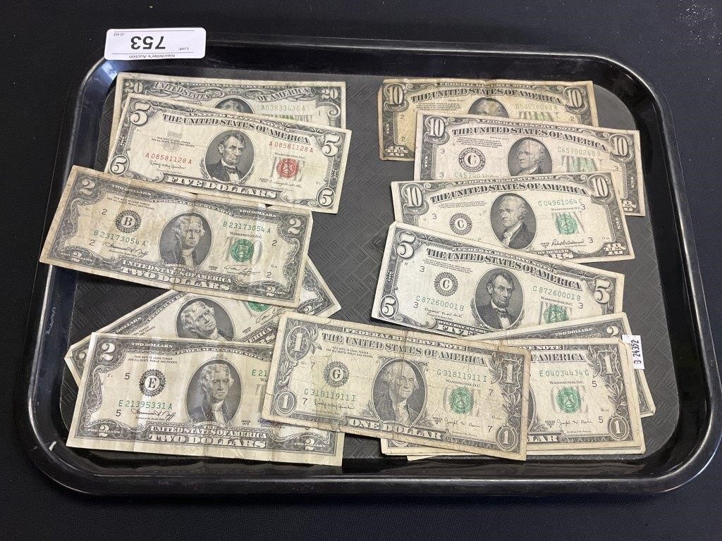 U.S.Red Seal, Two, Five, Ten, Twenty Dollar Bills.