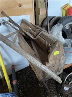 Vintage-Wooden tool box with hand saw