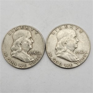 1958 D & 1962 D FRANKLIN SILVER HALF DOLLARS