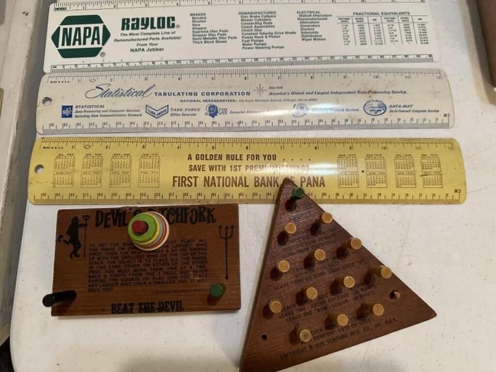 2 vintage games, 3 metal rulers, more