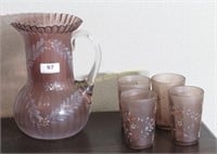 Antique Enameled Amethyst Pitcher And Glass Set