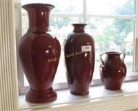 Group Of Three Maroon Ceramic Vases