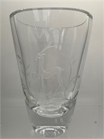 Etched antelope crystal vase