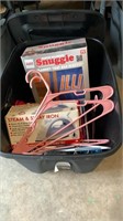 Tote with lid, iron, hangers, snuggie