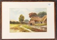 Antique framed watercolor landscape with cottage