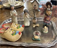 FIGURINES,DUTCH CHILD SHOES, SILVER PLATE TRAY