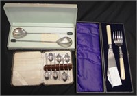 Three cased sets silver plate cutlery