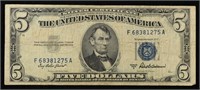 1953A $5 Blue Seal Silver Certificate Grades vf+