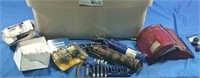 Tote of automotive items & tools and extras