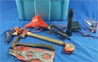 Lot of hammers, flashlight, measuring tape and