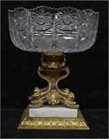 Antique Cut Crystal & Brass Pedestal Compote Bowl